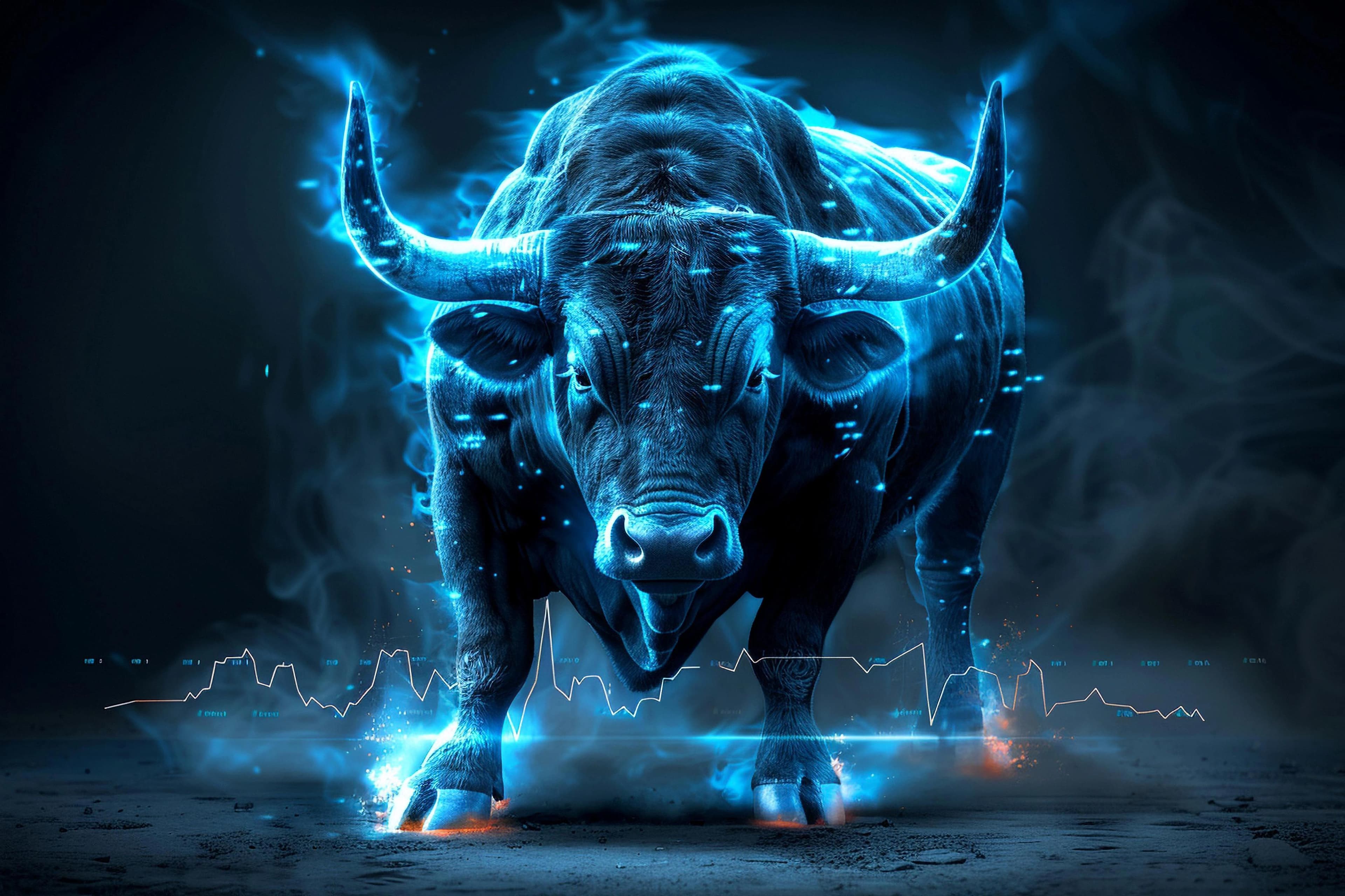 Chrome and dark-titanium bull with electric-blue contours — the Trading-Learn brand mark